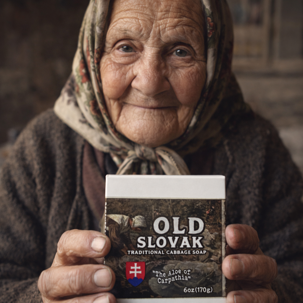 Old Slovak traditional soap box held by an elderly woman with a warm, rustic background.
