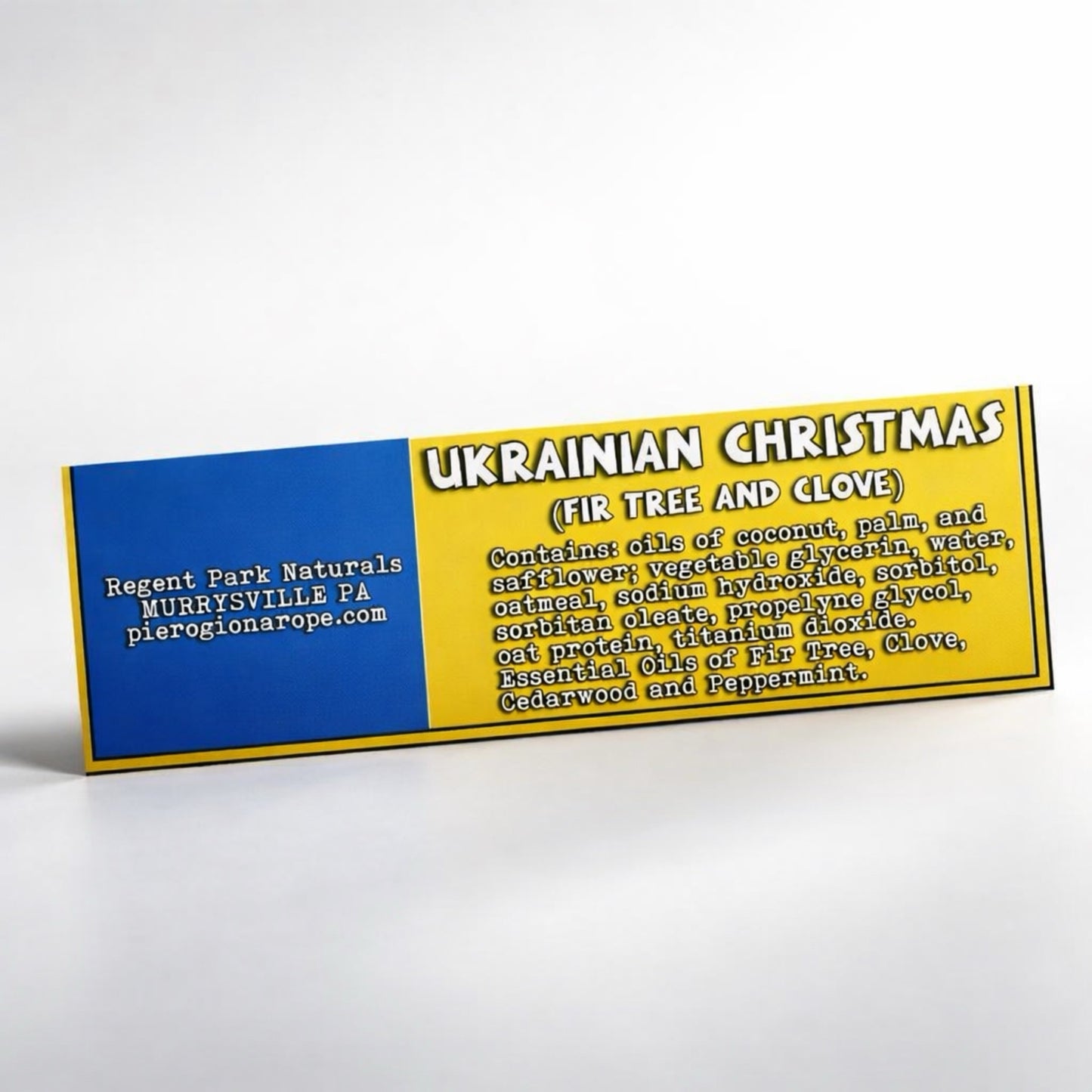Product label with blue and yellow design on a white background