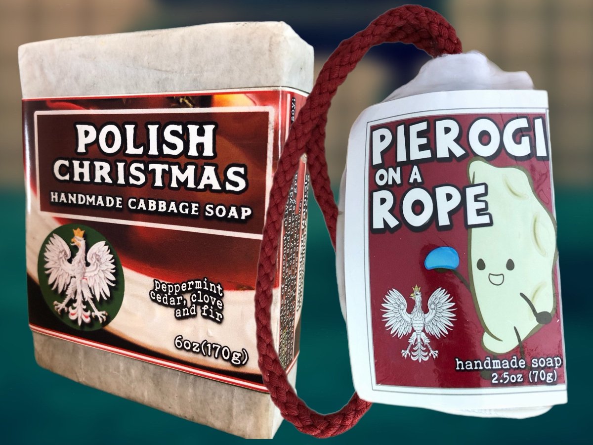 a bar of polish cabbage soap and a pierogi on a rope stocking stuffer