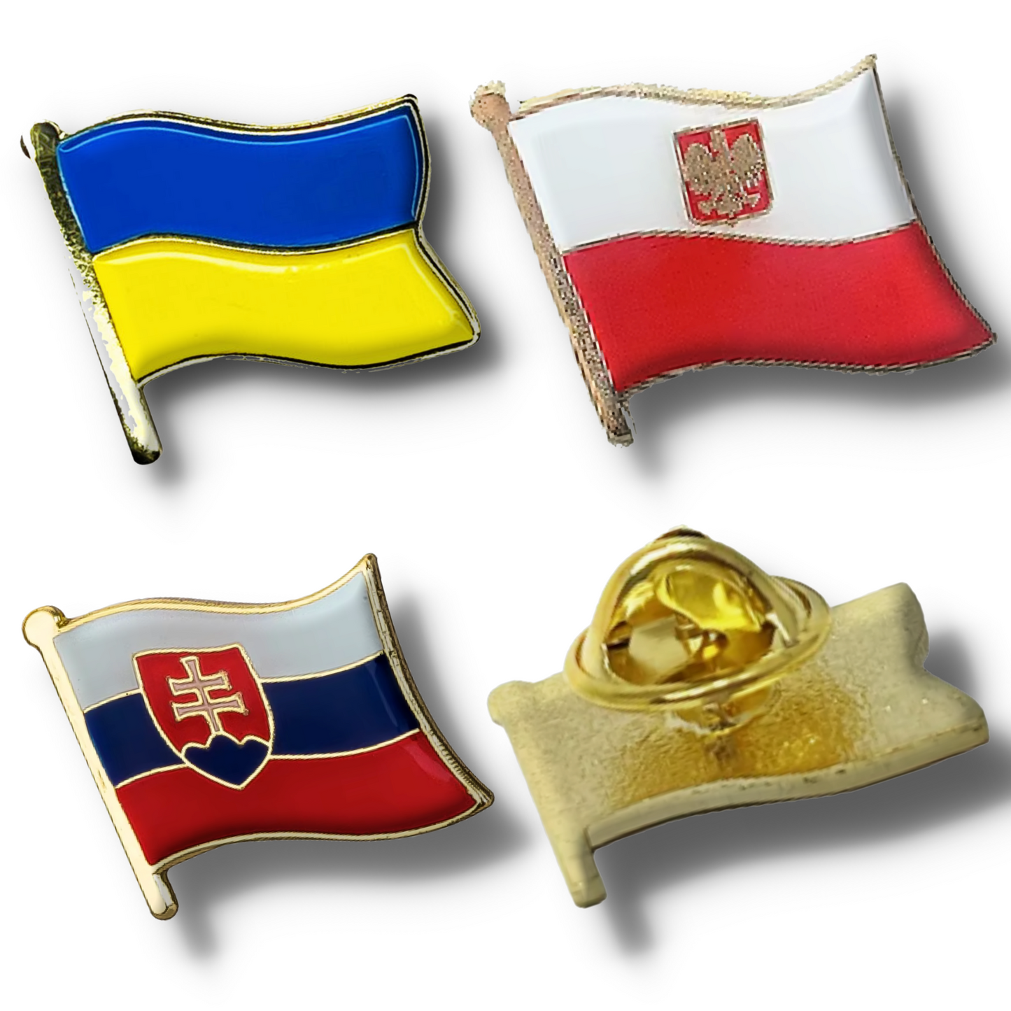 3 flags of eastern european countries set into enamel pins and the back showing the clasp. Poland, Ukraine, Slovakia Flag