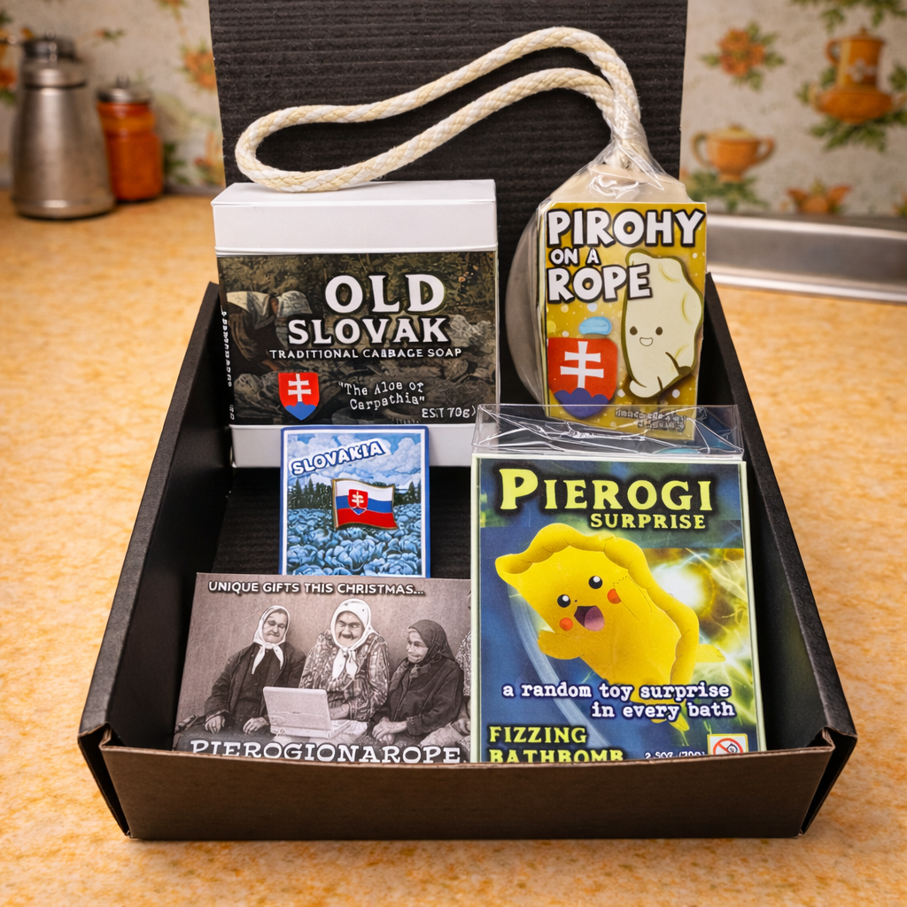 Box of Old Slovak soap and Pierogi Surprise toy on a kitchen counter