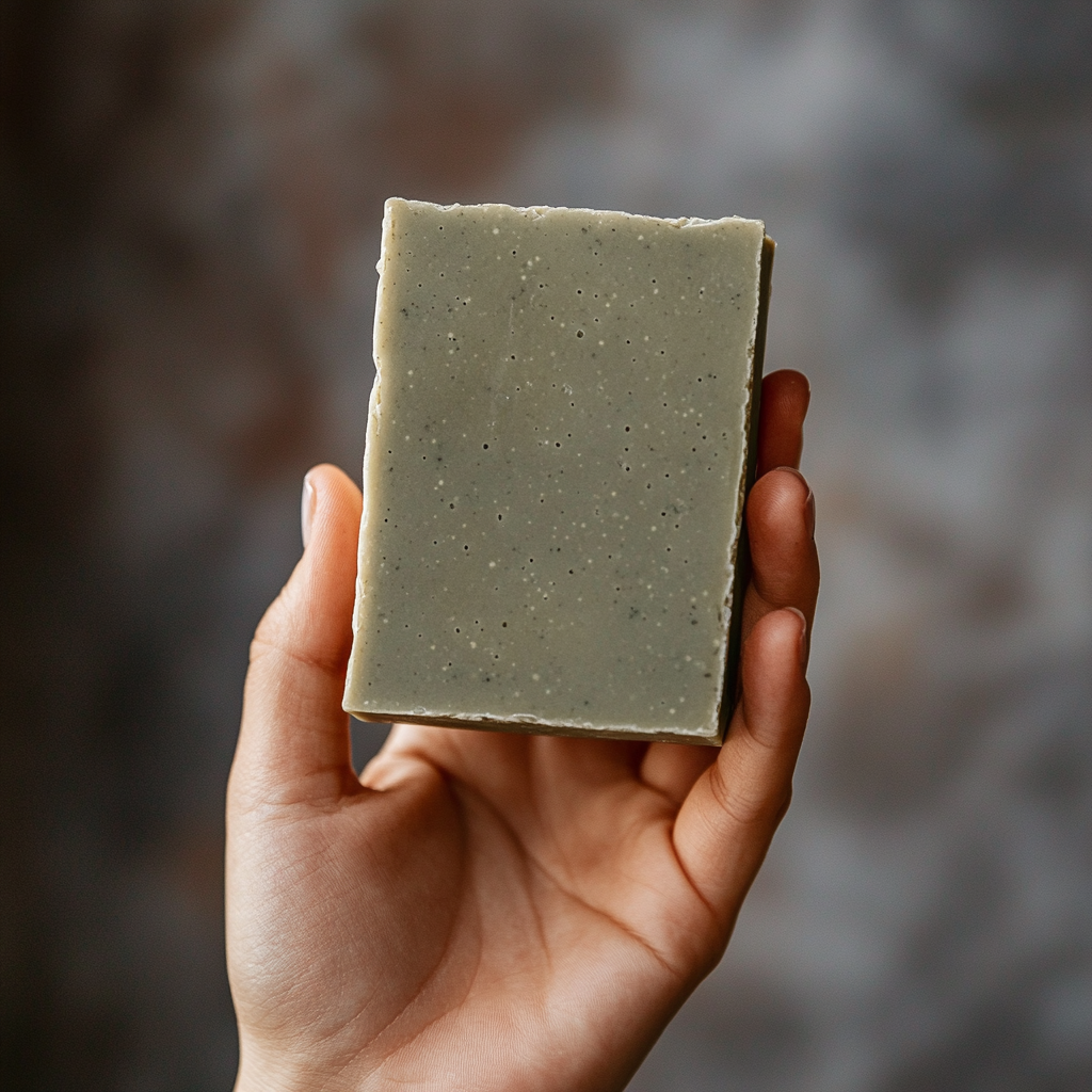 a slender woman's hand carasses a bar of anti poison ivy soap with jewelweed