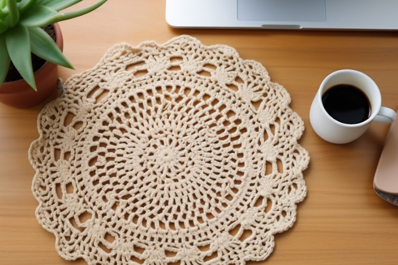 a top down photo of a doily and a cup of joe