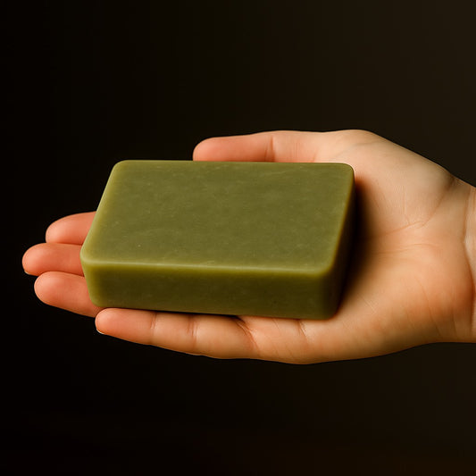 a green bar of soap offered from a gentle clean hand