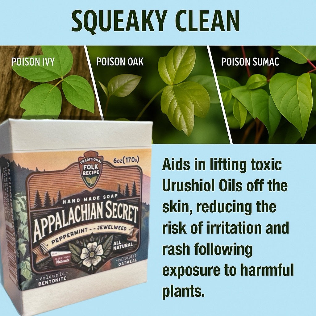 Appalachian Secret soap packaging with poison ivy, oak, and sumac plants on a green and blue background.
