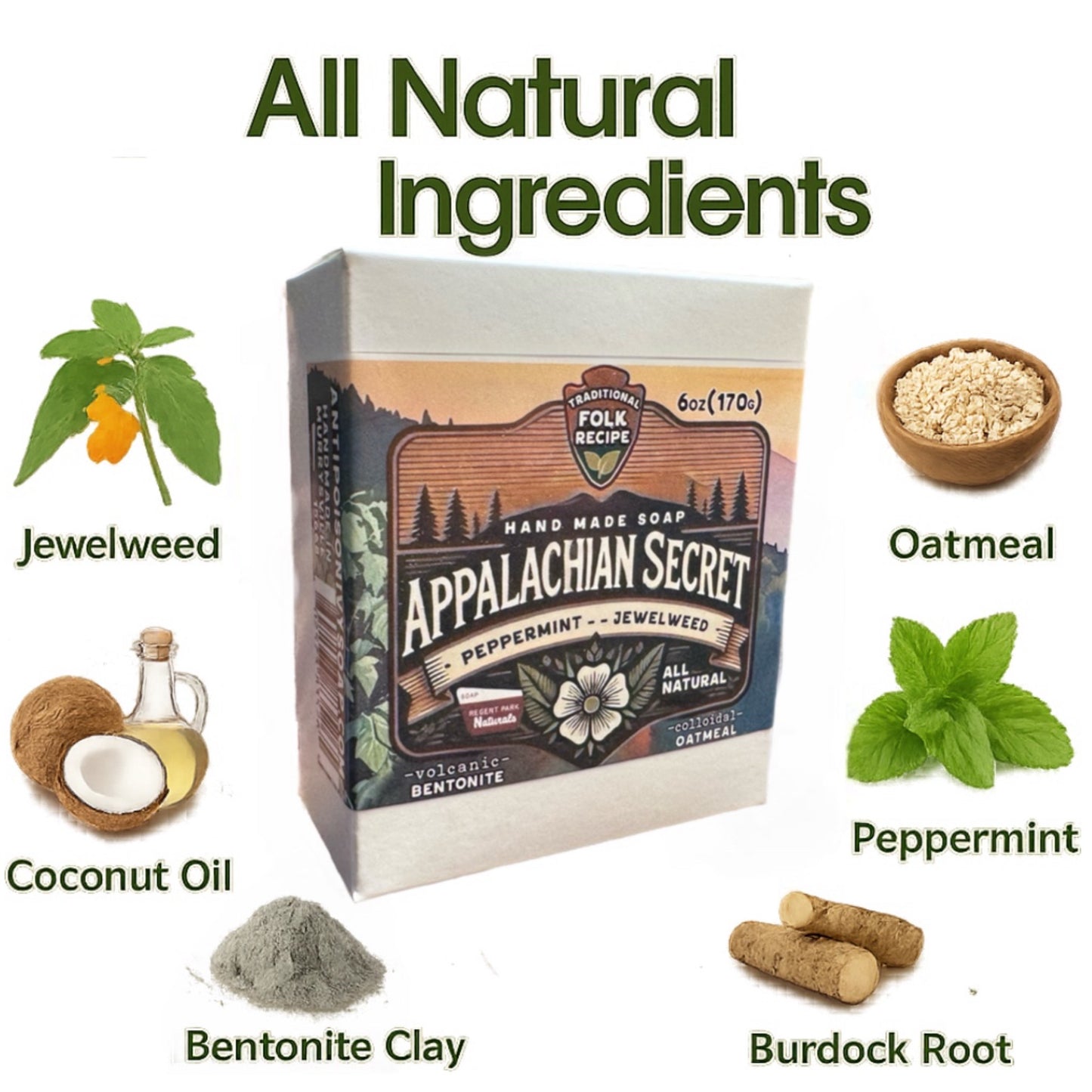 Appalachian Secret soap packaging with natural ingredients displayed poison ivy relief around it.