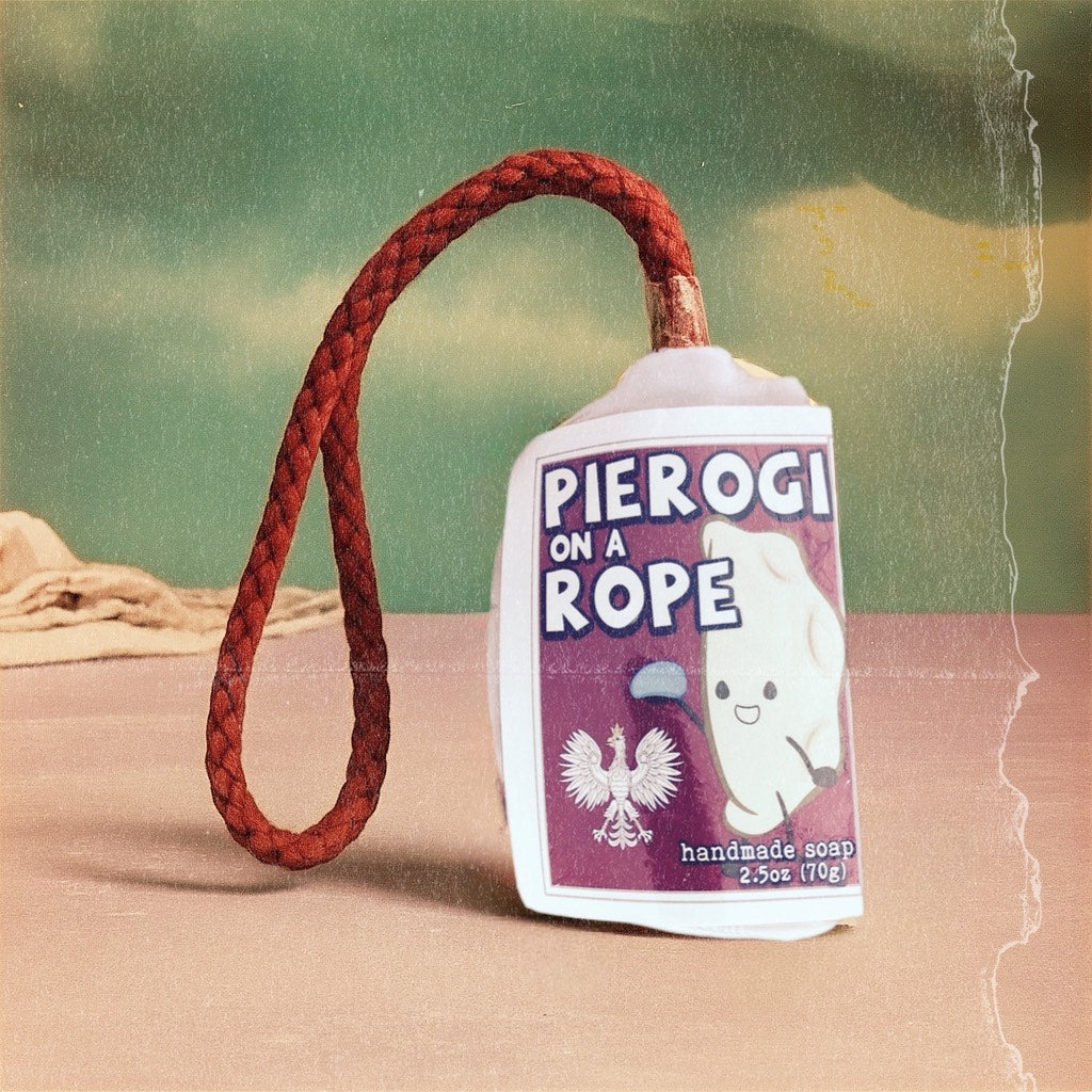 Handmade soap on a rope with a red rope labeled 'Pierogi on a Rope' on a textured surface.