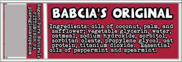 Pierogi Handmade Novelty Soap Label with ingredients.  Immerse yourself in a sensory journey that celebrates Poland's charm and craftsmanship. Discover this unique and delightful creation at Regent Park Naturals, where Polish tradition meets the world of soapmaking