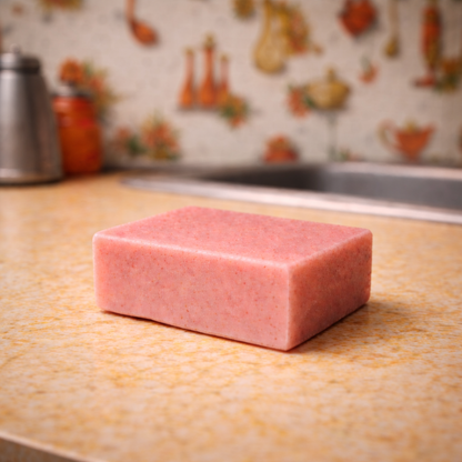 Pink soap bar on a kitchen counter with a colorful backsplash.