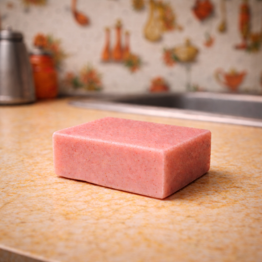 Pink soap bar on a kitchen counter with a colorful backsplash.