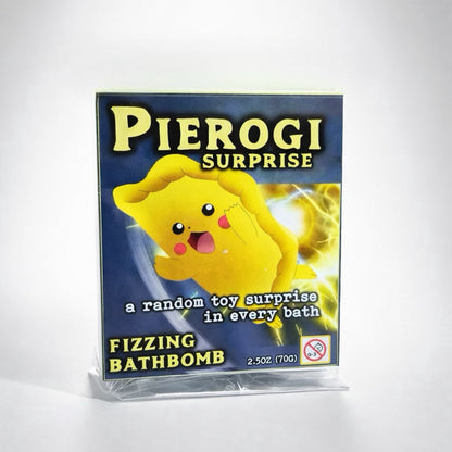 Pierogi Surprise packaging with a yellow bath bomb and toy on a white background