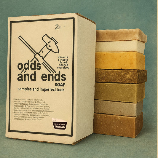 Box of 'odds ánd ends' soap with a stack of soap bars on a green background