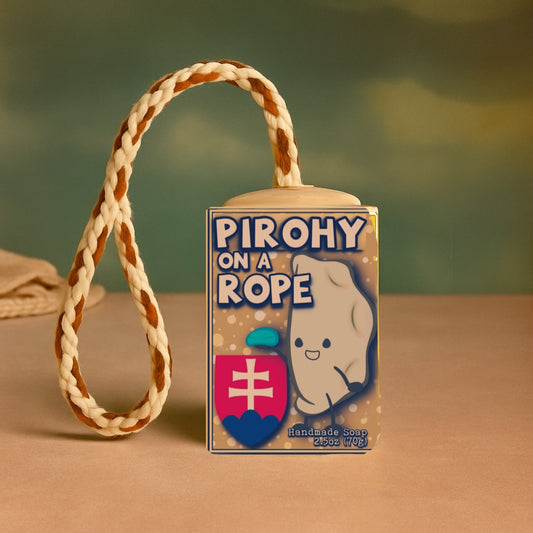 Slovak pirohy Soap on a rope with a cartoon character label on a brown surface