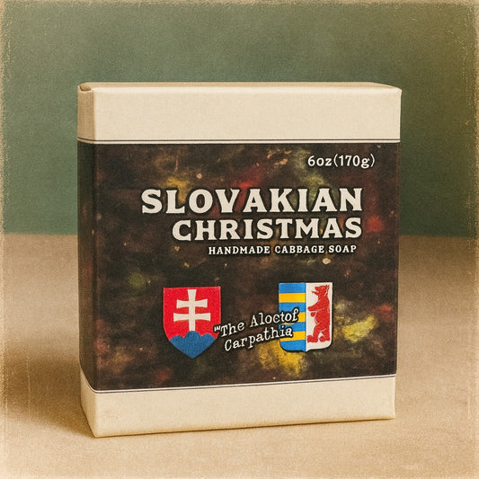 Box of Slovakian Christmas handmade cabbage soap with rusyn 
flags on a textured surface
