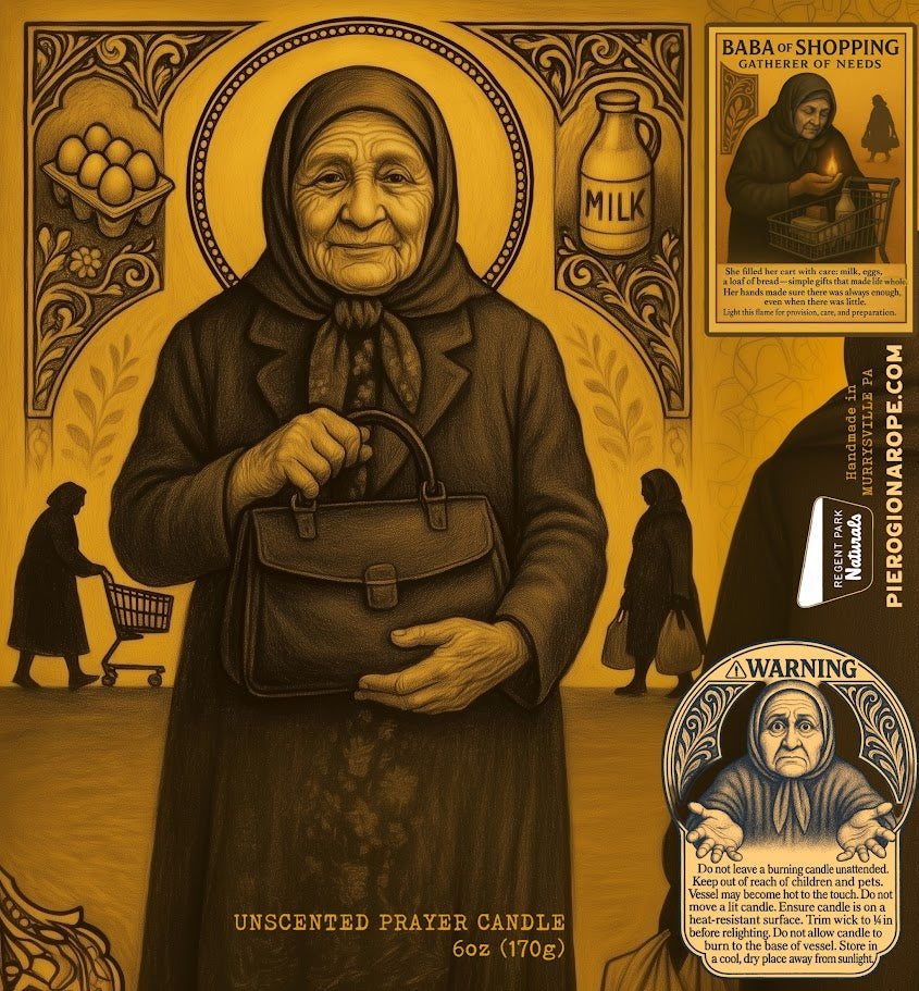 Illustration of an elderly woman holding a bag with decorative elements and text on a yellow background.