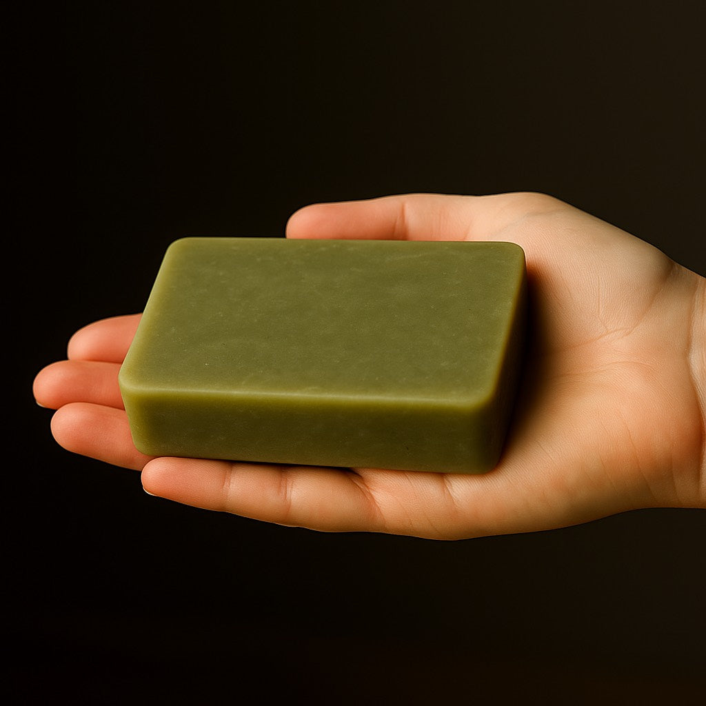 a green bar of soap offered from a gentle clean hand