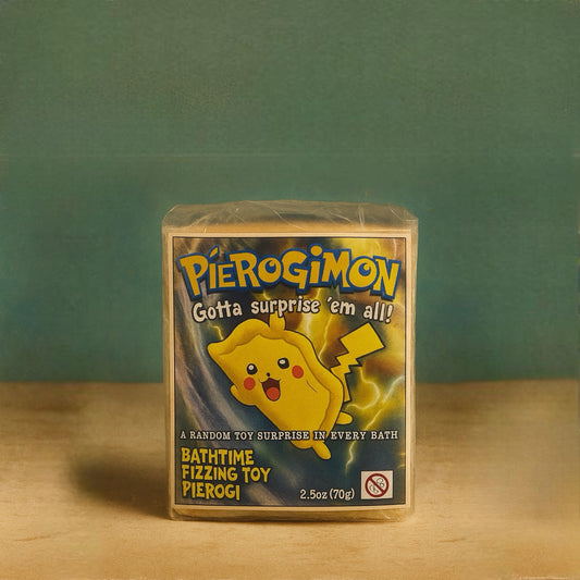 Box of Pierogimon toy with a cartoon character on a wooden surface and green background