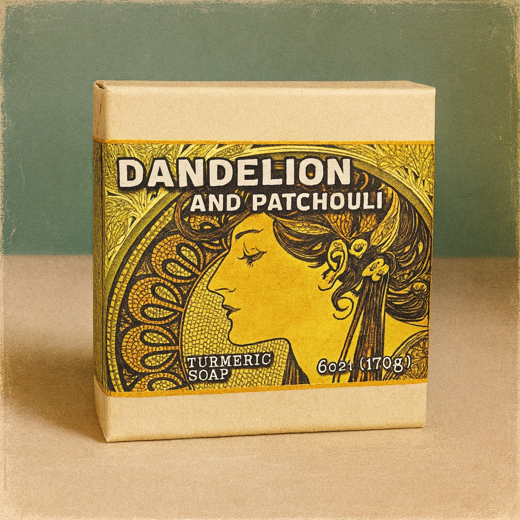 Bar of soap with 'Dandelion and Patchouli' packaging on a textured surface.