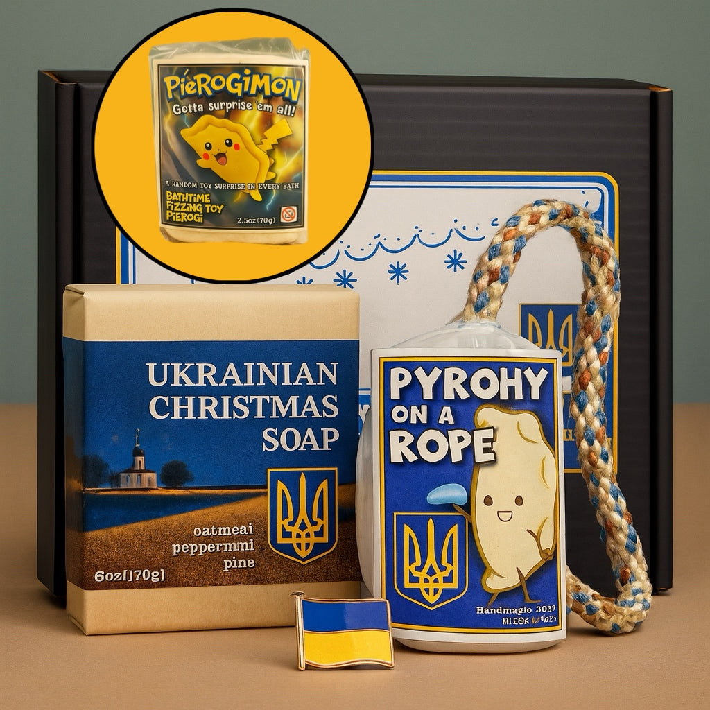 Collection of Ukrainian-themed products including soap, candy, and a rope with a yellow circle inset showing a toy package.