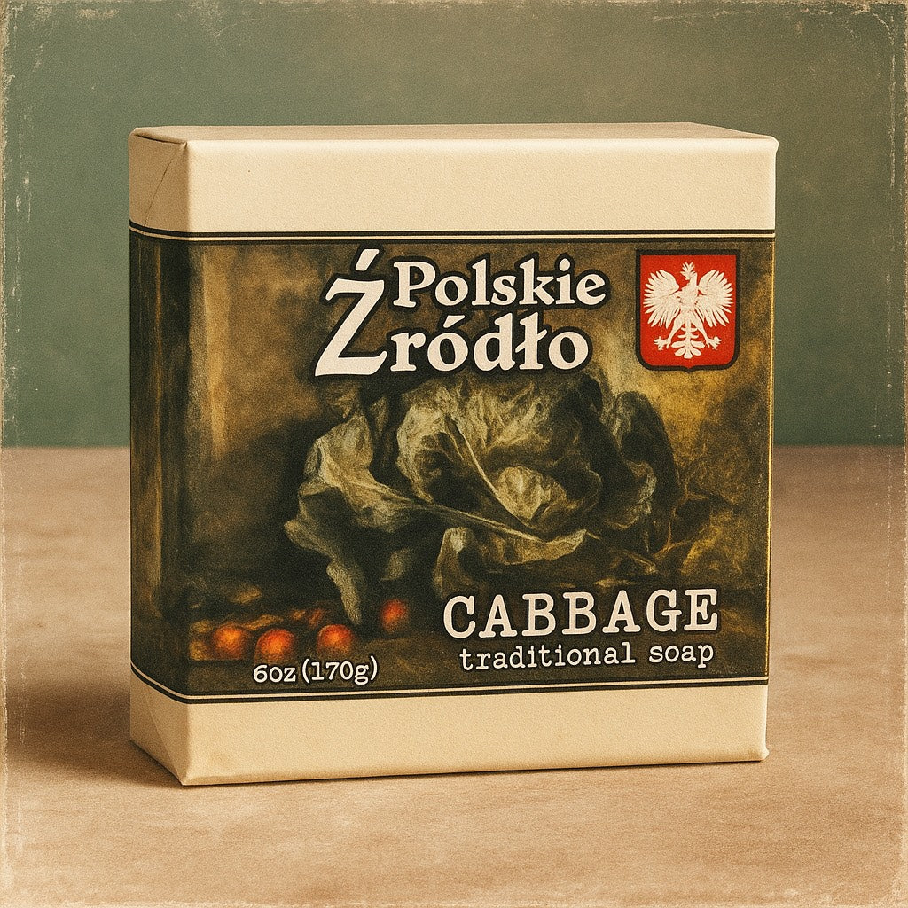 Polskie Zrodlo Poland gift cabbage traditional soap packaging on a wooden surface with a green background. 