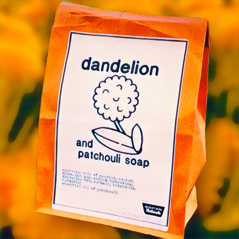 Dandelion Soap in a large 3 bar bag.  Patchouli very earthy smelling soap great for mens gift.