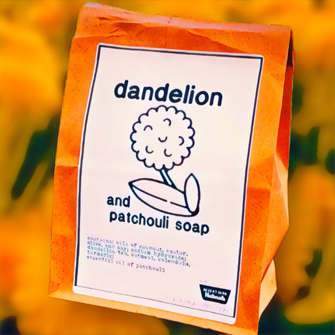 Dandelion Soap in a large 3 bar bag.  Patchouli very earthy smelling soap great for mens gift.