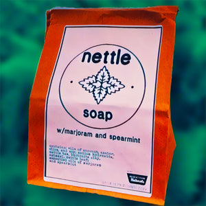 Nettle Soap made from stinging nettles.  what is making you itch?  not this soap which is combined with spearmint and sweet marjoram essential oil