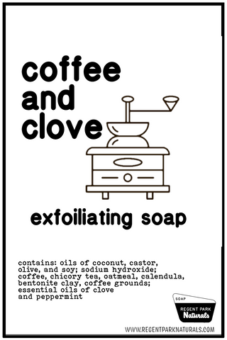 coffee and clove exfoliating soap.  an all natural way to scrub dirt from pores and invigorate. The ideal breakfast soap for morning showers