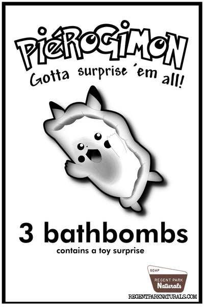 a bathbomb containing a toy surprise. kids bathbombs shaped like pierogi with a gift inside.  unscented